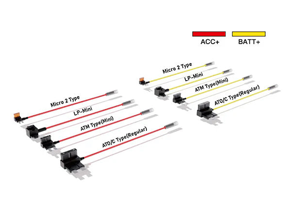 進階型電源供應降壓線套組副上紅黃兩種取電器分別接ACC和汽車永久電包含 Micron 2 Type 和 LP-Mini 和 ATM Type(Mini) 和 ATO/C Type(Regular)